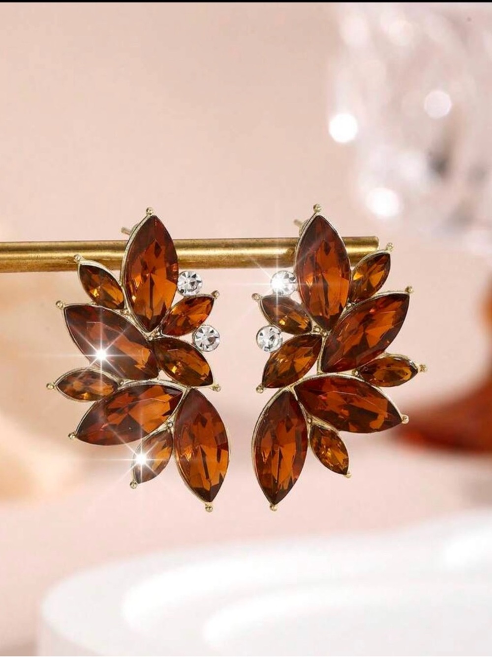 Brown Crystal Leaf Cluster Stud Earrings - Women Jewelry